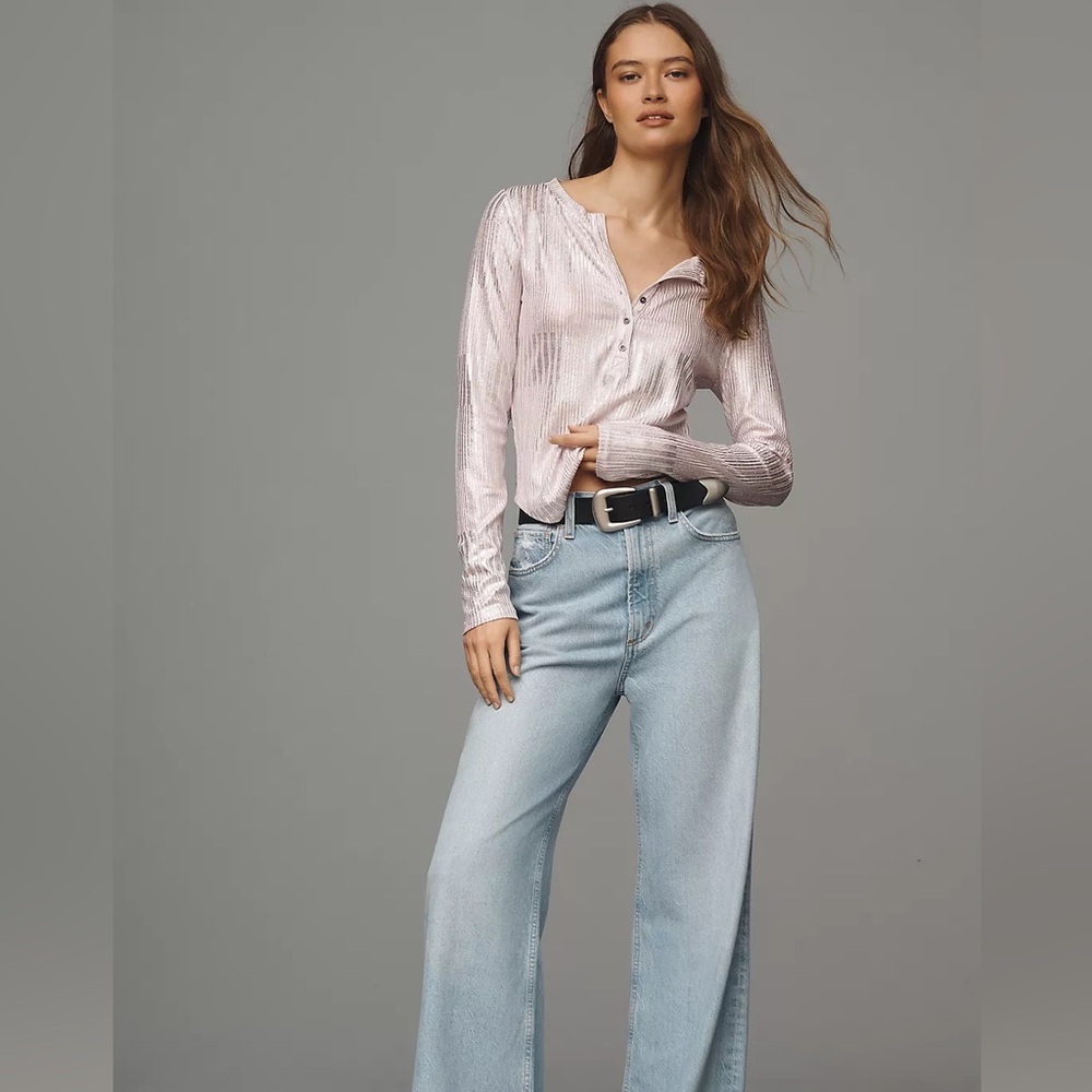 Anthropologie The Andie Ribbed Henley Top by Pilcro: Shimmer Edition XS